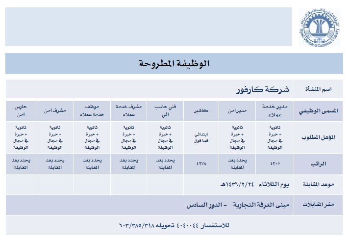 وظائف عديدة للشباب بالرياض والمقابلات الثلاثاء بمبنى الغرفة التجارية