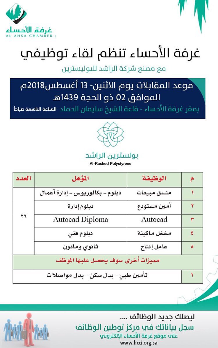 غرفة الأحساء تُنظم لقاء توظيفي مع مصنع شركة الراشد للبوليسترين وظائف